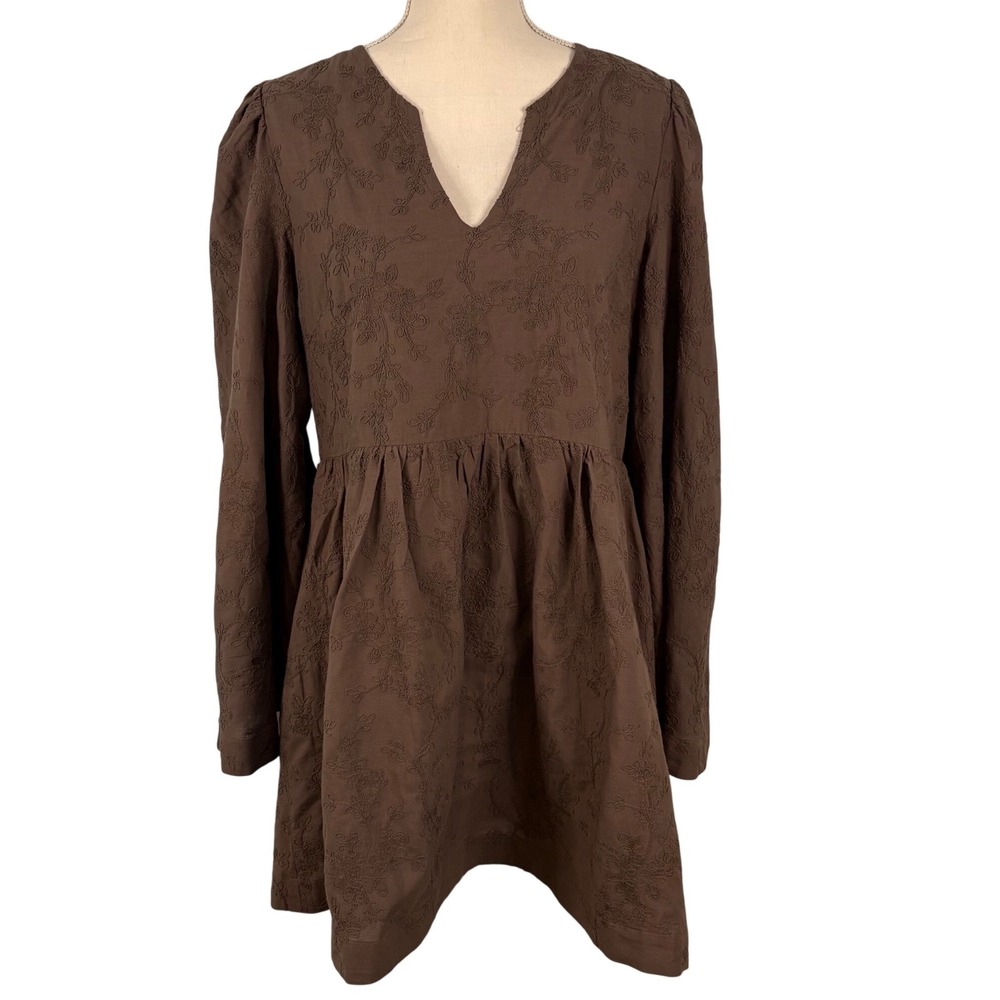Tuckernuck Hyacinth House Brown Embroidered Babydoll Mini Dress Puff Sleeve NEW
